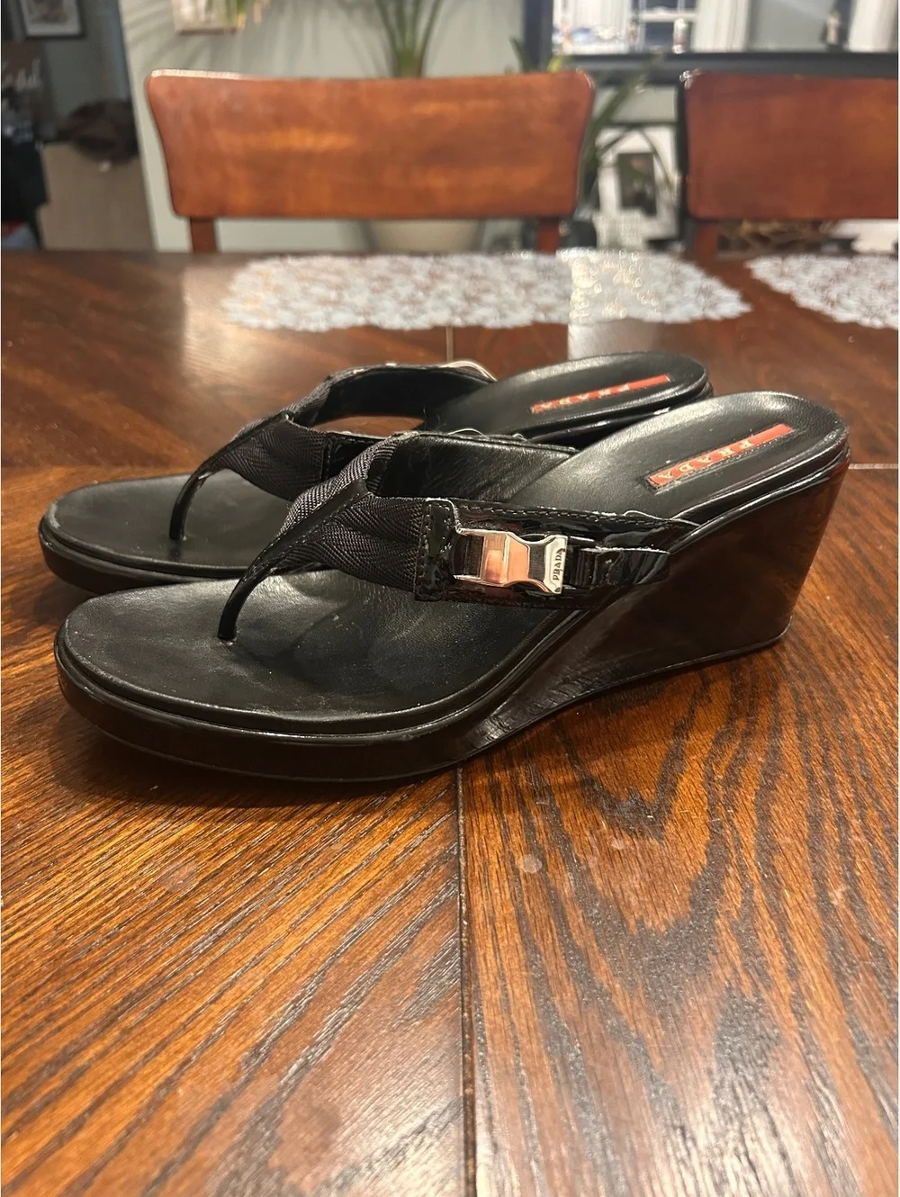 Prada Black Wedge Thong Sandals with Buckle Detail